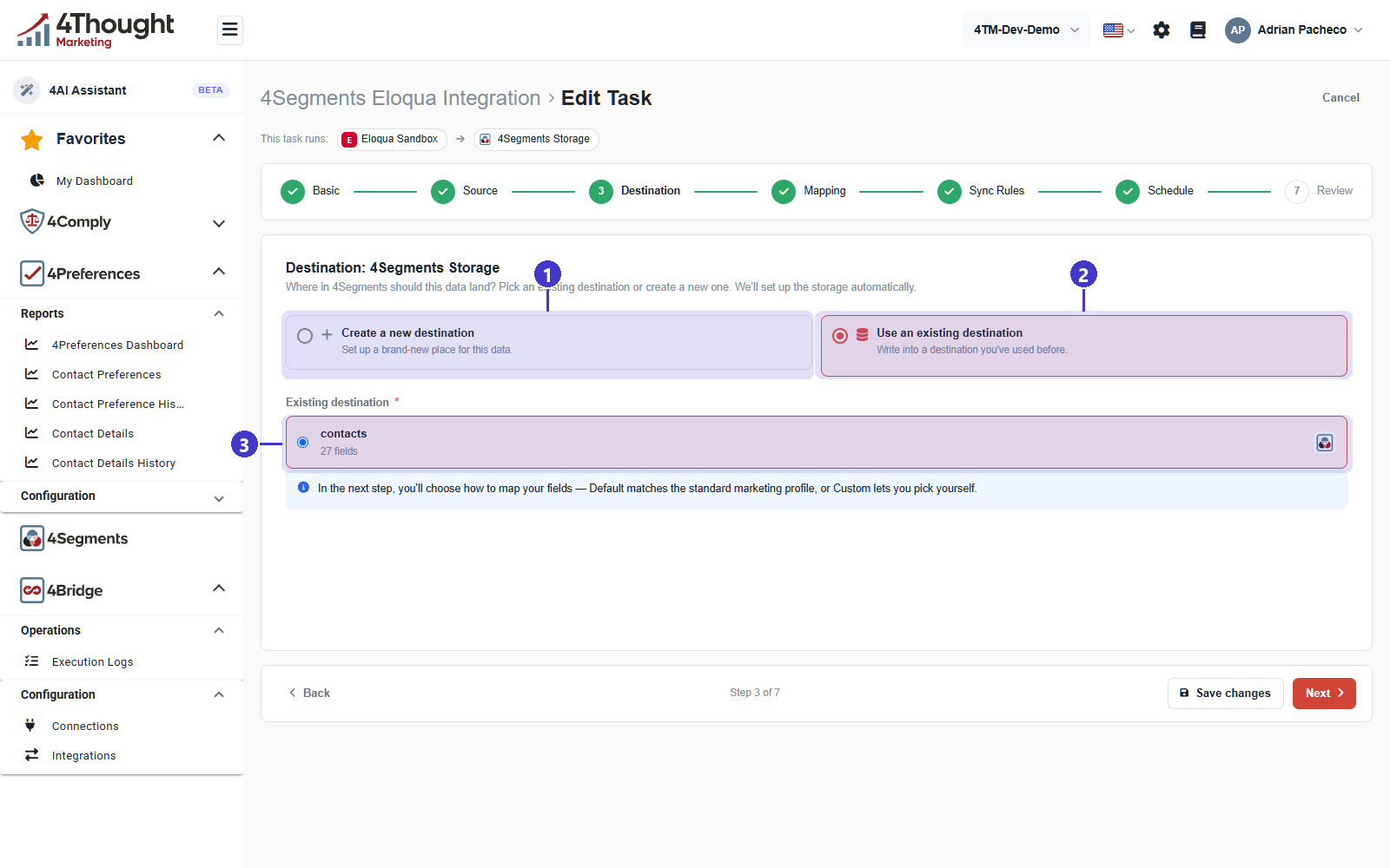 Step three of the task wizard with 1 Create a new destination, 2 Use an existing destination, 3 the existing destination list showing a table called contacts with 27 fields