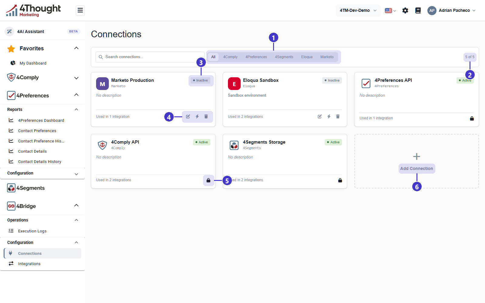 The Connections card grid with 1 the connector-type filter row, 2 the result count, 3 a status badge, 4 the three action icons on an editable connection, 5 the padlock on a system-managed connection, 6 the Add Connection tile