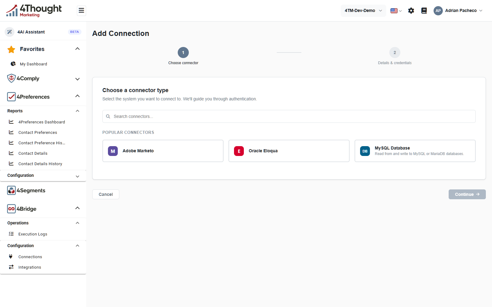 The Add Connection wizard on step one, Choose a connector type, with the three POPULAR CONNECTORS cards and Continue greyed out