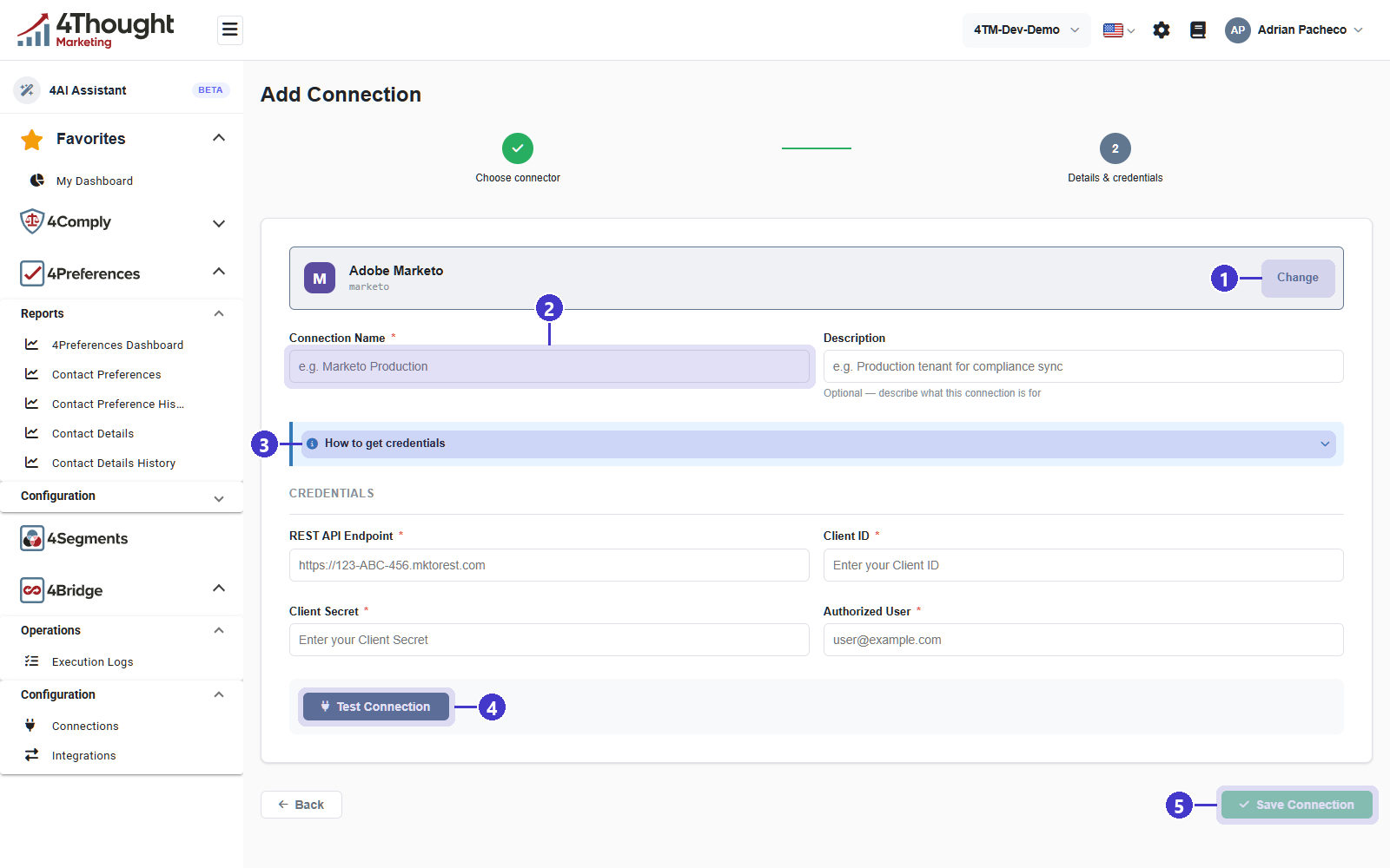 The wizard on step two with 1 Change, 2 Connection Name, 3 How to get credentials, 4 Test Connection, 5 the greyed-out Save Connection button