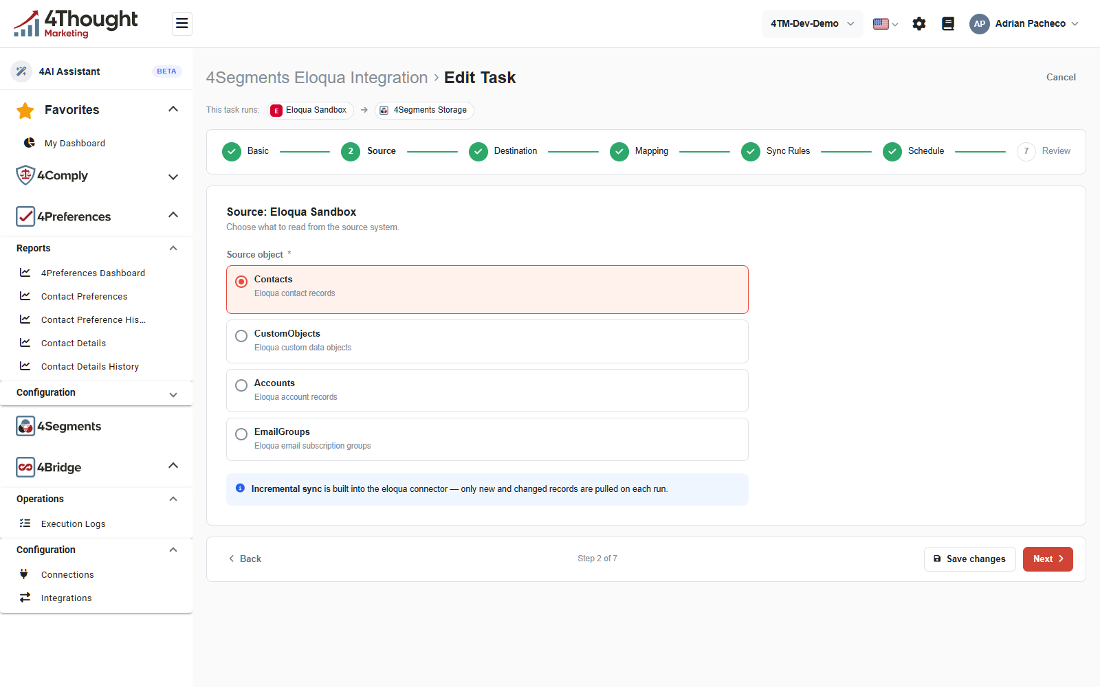 Step two, Source, listing the four Eloqua objects a task can read with Contacts selected, and a note that incremental sync is built into the connector