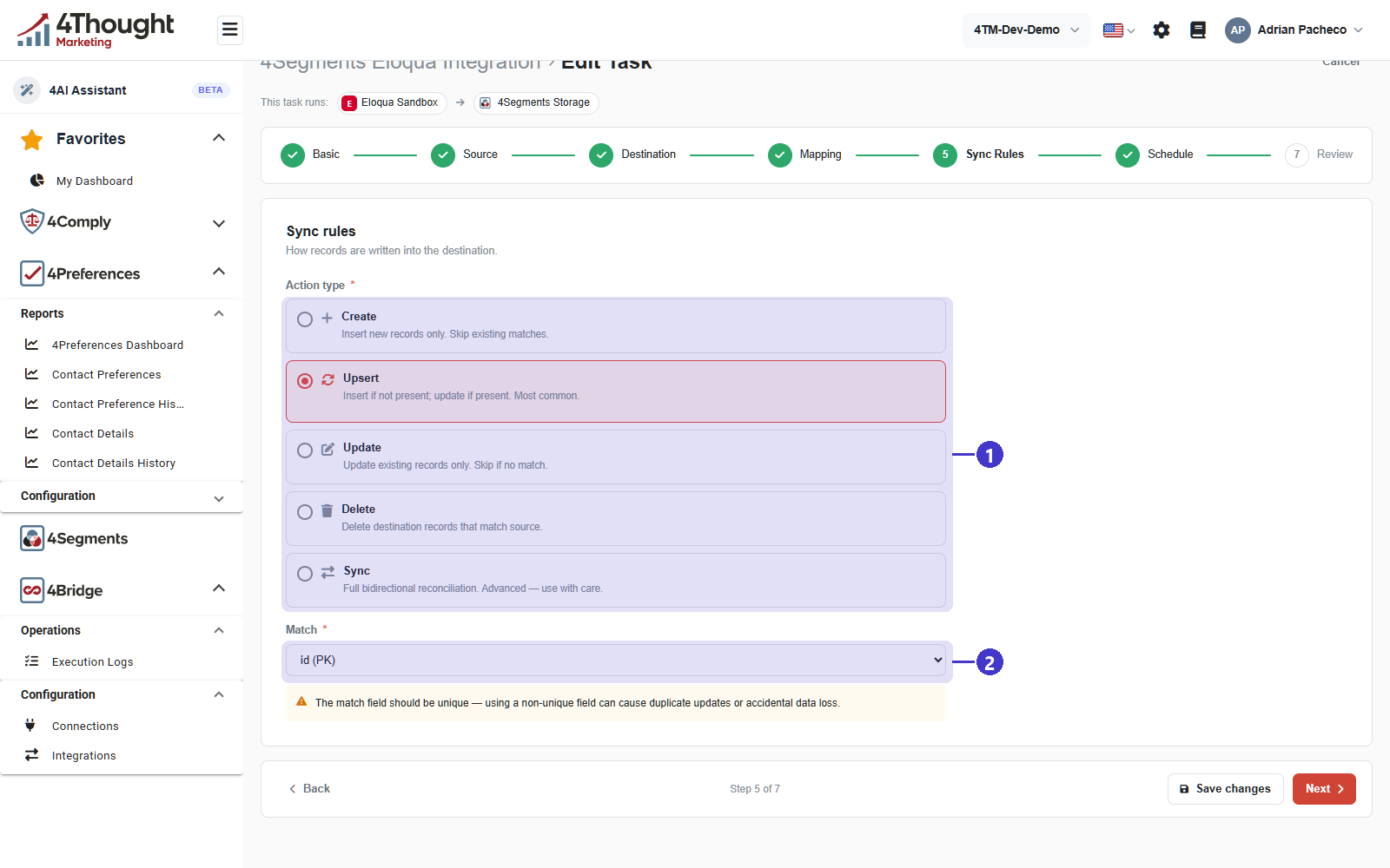 Step five, Sync rules, with 1 the five Action type options and Upsert selected, 2 the Match picker set to id (PK) and the warning under it