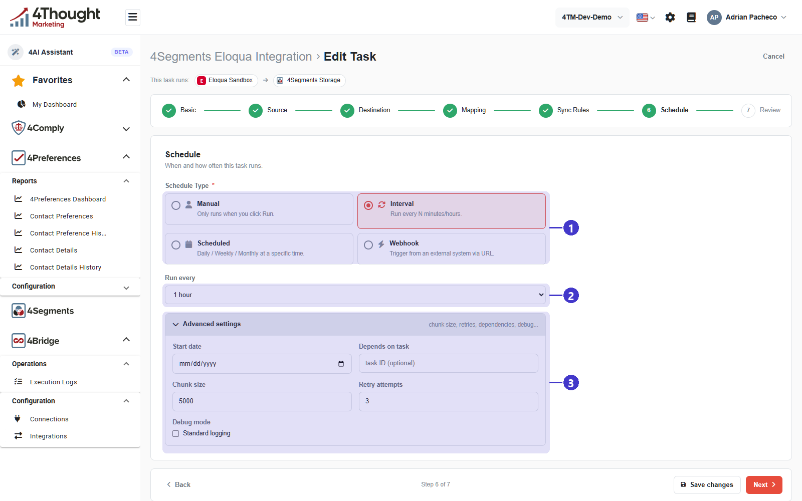 Step six, Schedule, with 1 the four Schedule Type options and Interval selected, 2 the Run every picker showing 1 hour, 3 the expanded Advanced settings showing Start date, Depends on task, Chunk size 5000, Retry attempts 3 and Debug mode