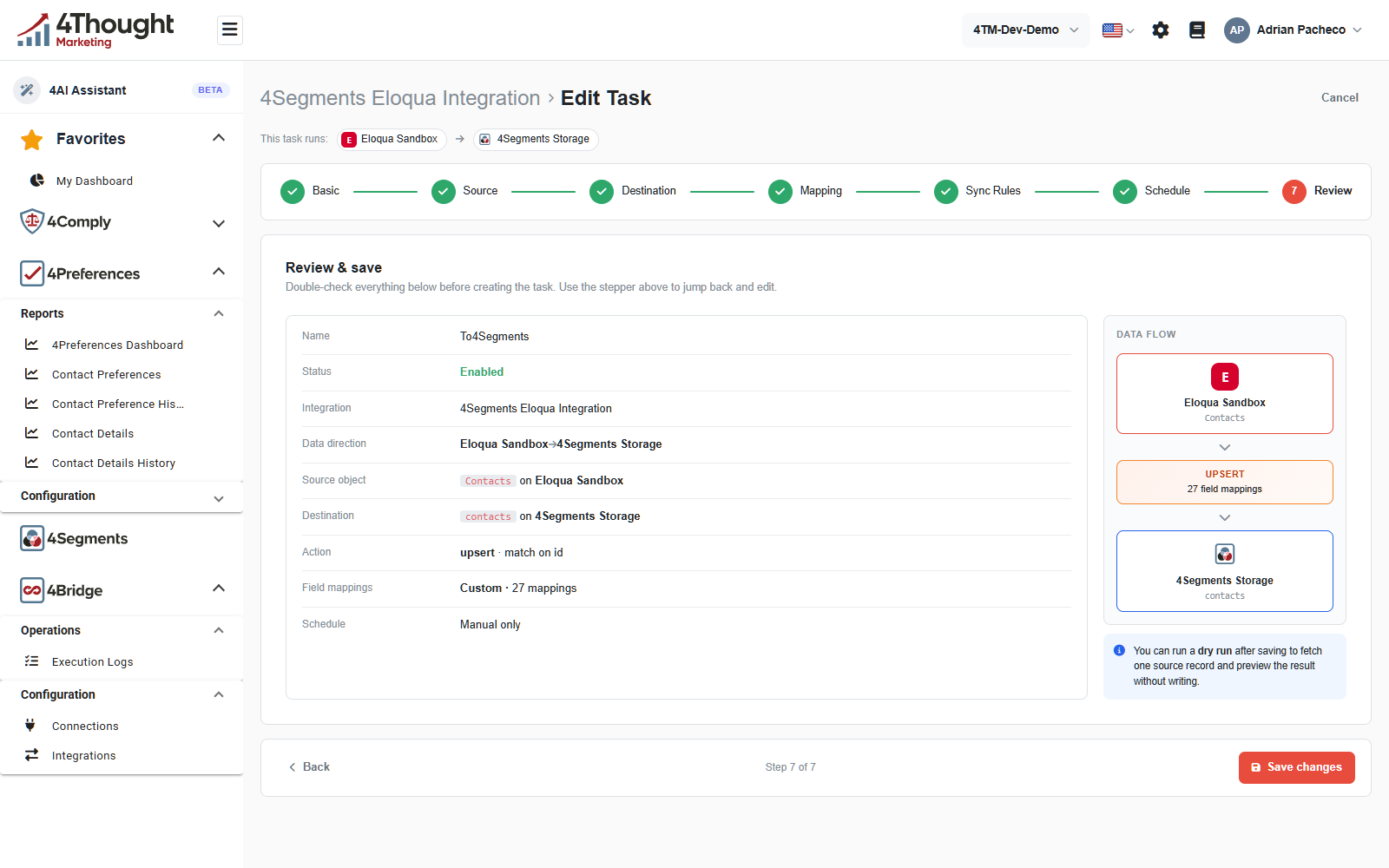 Step seven, Review and save, listing the task's name, status, integration, data direction, source object, destination, action, field mappings and schedule, with the data flow beside it