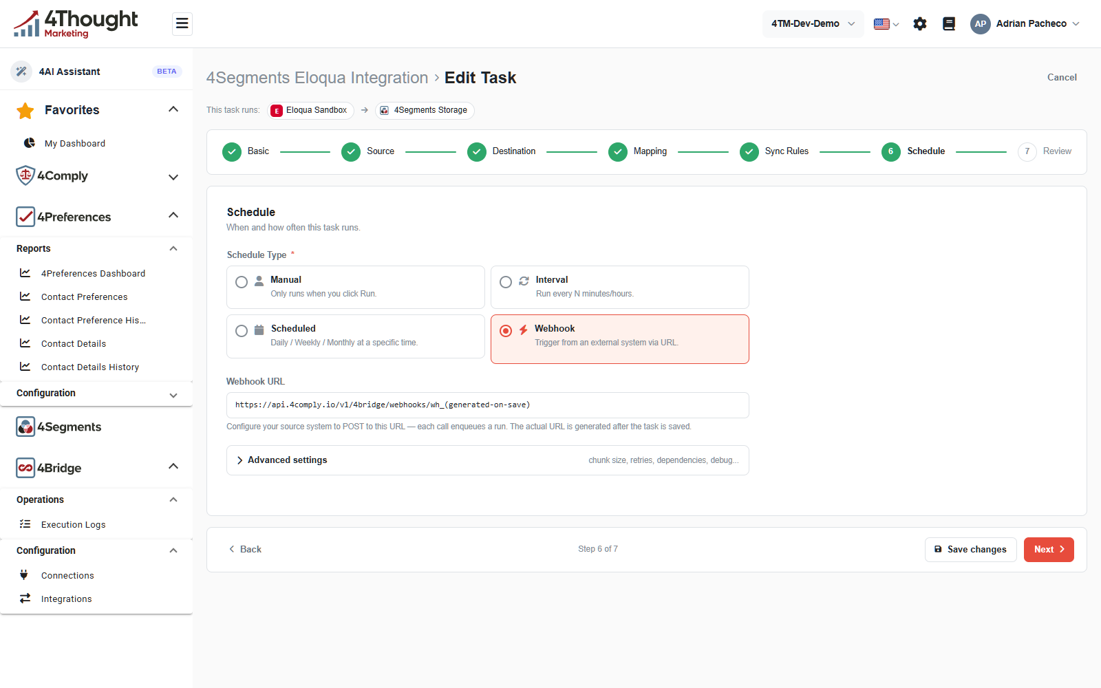 The Schedule step with Webhook selected, showing the read-only Webhook URL field and the note that the real URL is generated after the task is saved