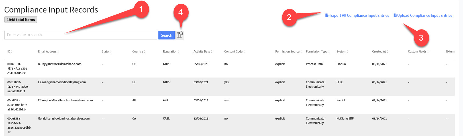 Compliance Inputs Entries Table
