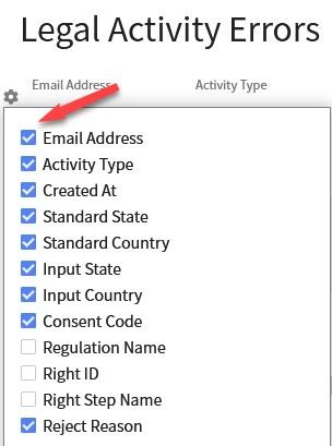 Legal Activity Errors - select columns Legal Activity Errors - select columns