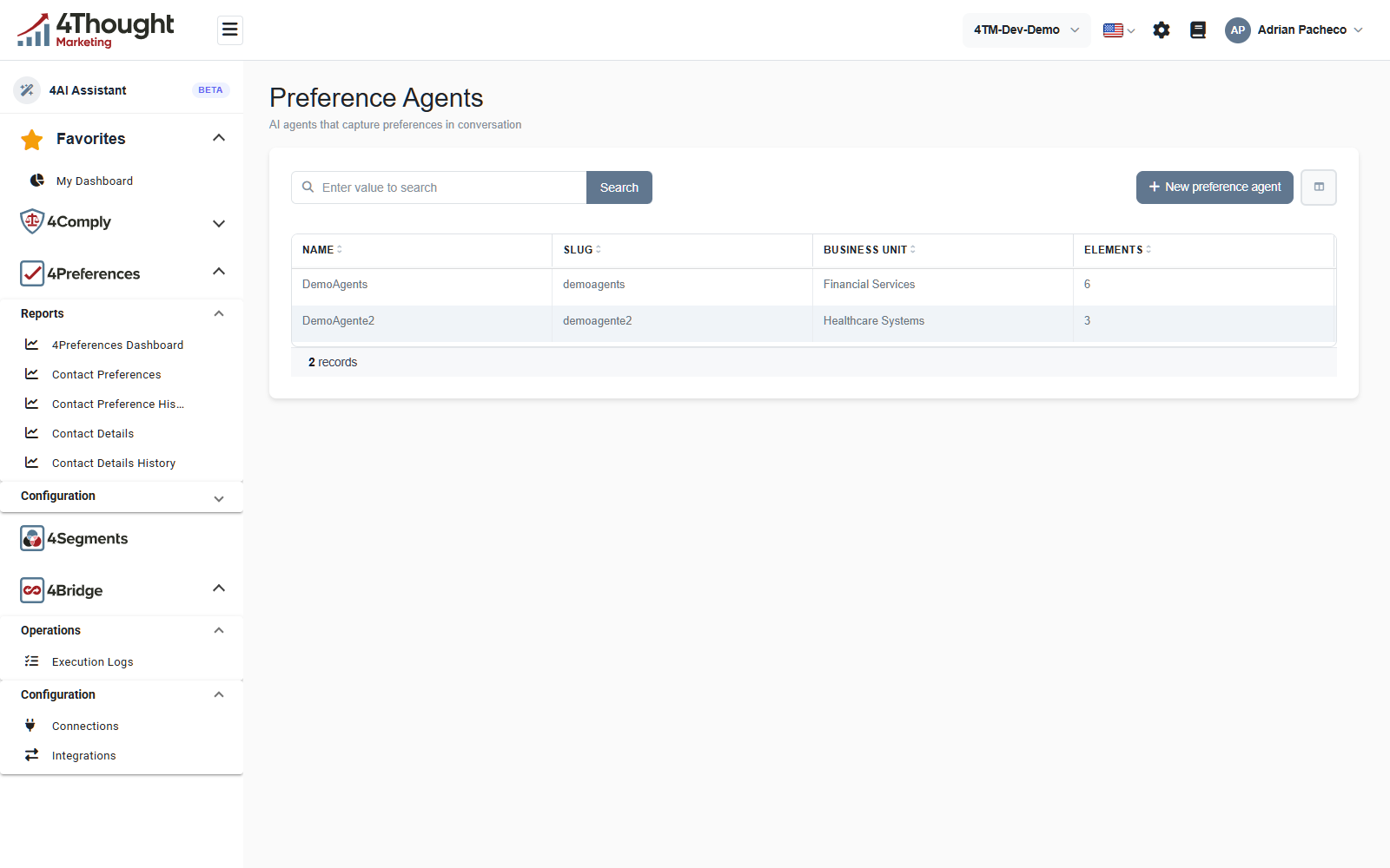 The Preference Agents list with Name, Slug, Business Unit and Elements columns, two records, and the New preference agent button