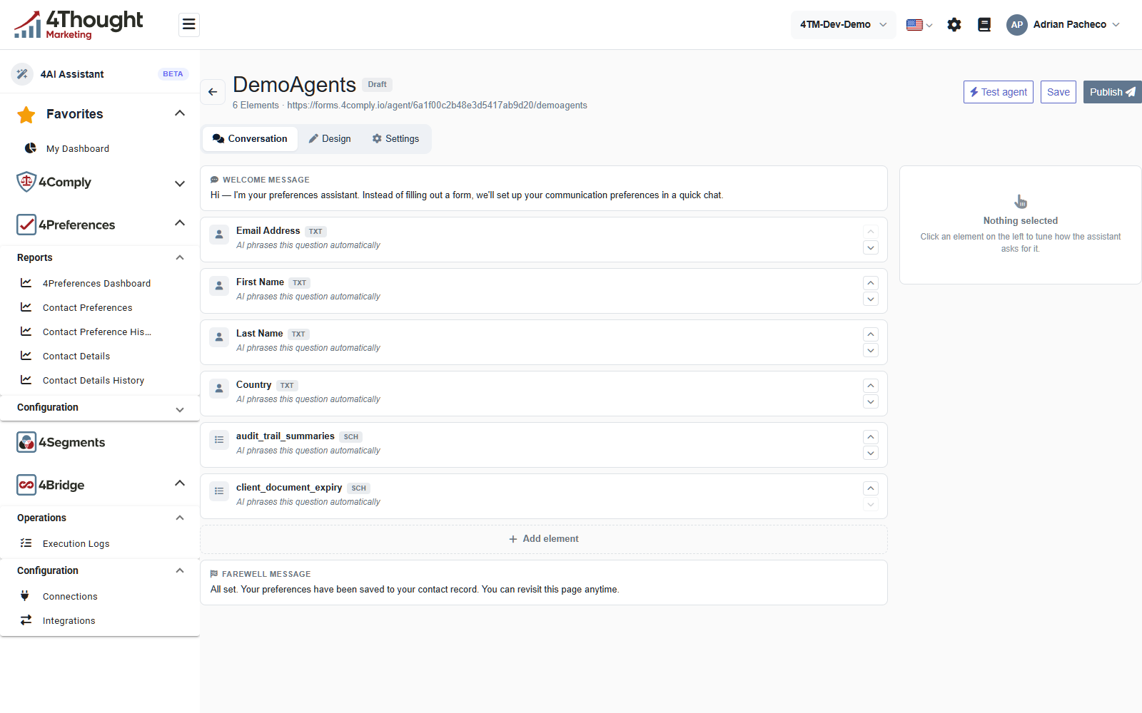 The DemoAgents editor on the Conversation tab, showing the Draft badge and public URL under the name, the welcome message, six elements each reading AI phrases this question automatically, the farewell message, and Test agent, Save and Publish