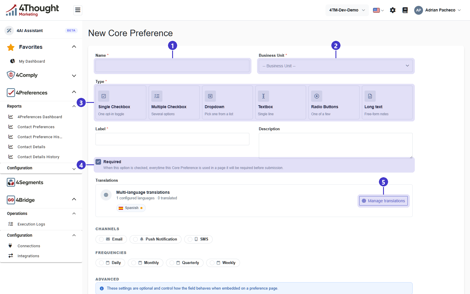 The New Core Preference form, with 1 Name, 2 Business Unit, 3 the six Type tiles, 4 the Required checkbox, 5 Manage translations