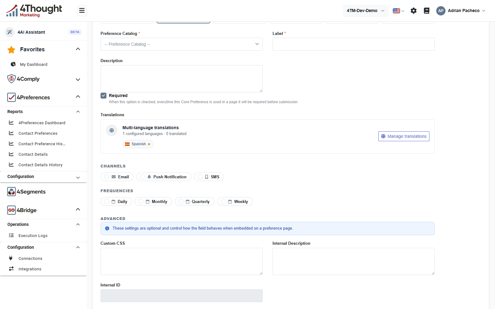 The rest of the New Core Preference form after picking Multiple Checkbox, showing the Preference Catalog picker, the Channels and Frequencies rows, and the Advanced section