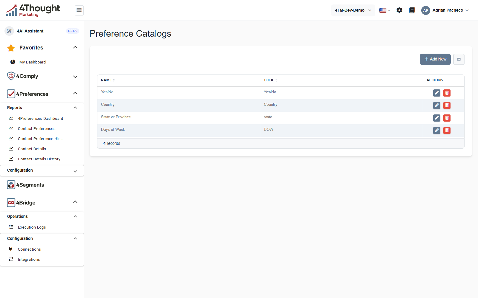 The Preference Catalogs list showing four records, Yes/No, Country, State or Province and Days of Week, with Name and Code columns