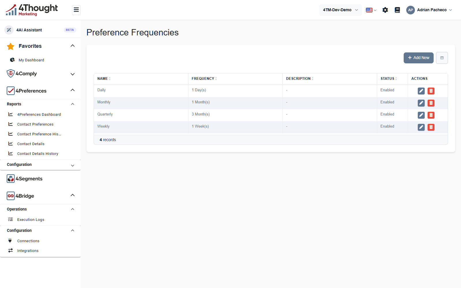 The Preference Frequencies list showing Daily as 1 Day(s), Monthly as 1 Month(s), Quarterly as 3 Month(s) and Weekly as 1 Week(s), all Enabled