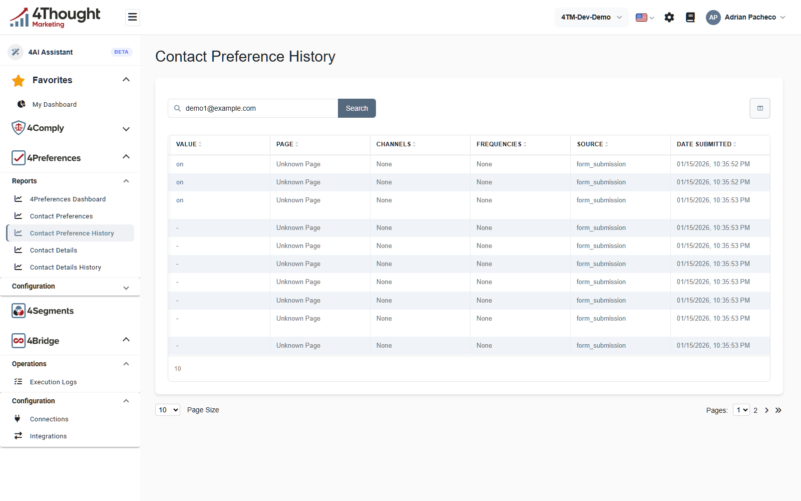 The same history table scrolled right, showing the Value, Page, Channels, Frequencies, Source and Date Submitted columns