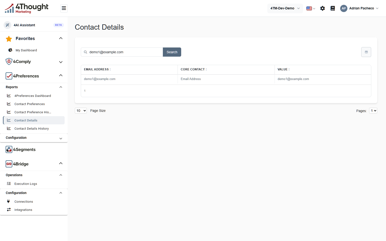 The Contact Details screen after searching for demo1@example.com, showing one row with Email Address, Core Contact and Value columns