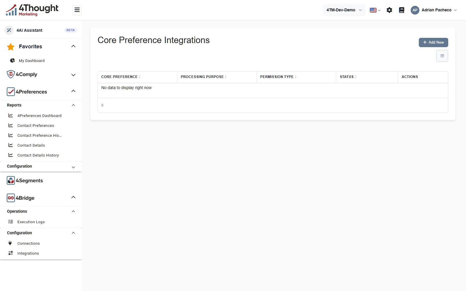 The Core Preference Integrations screen with Core Preference, Processing Purpose, Permission Type, Status and Actions columns, reading No data to display right now