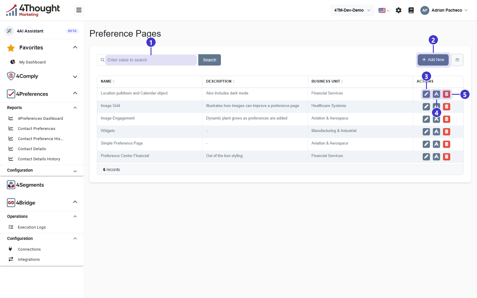 The Preference Pages list, with 1 the search box, 2 Add New, 3 the Edit pencil, 4 the Page Render Options icon, 5 the Delete bin