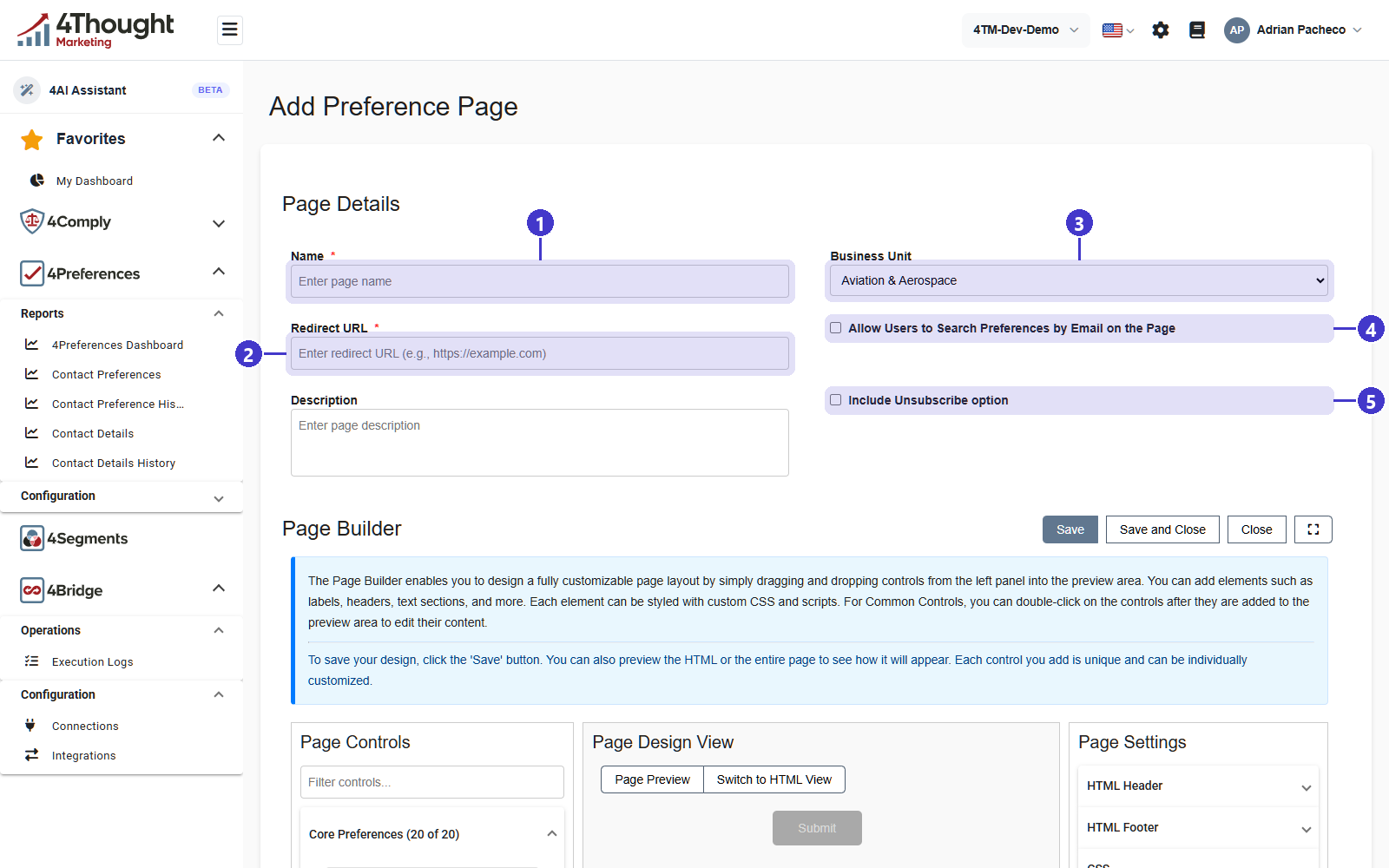 Add Preference Page, with 1 Name, 2 Redirect URL, 3 Business Unit, 4 Allow Users to Search Preferences by Email on the Page, 5 Include Unsubscribe option