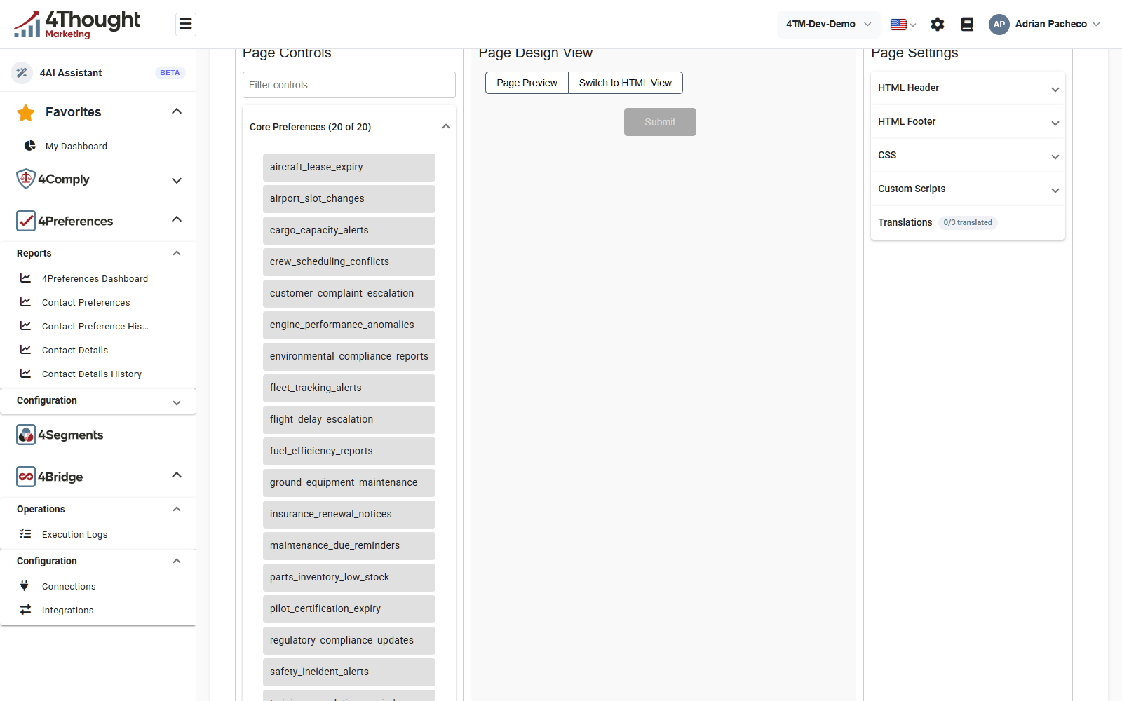 The Page Builder, with Page Controls listing Core Preferences 20 of 20, the empty Page Design View with Page Preview and Switch to HTML View, and Page Settings listing HTML Header, HTML Footer, CSS, Custom Scripts and Translations