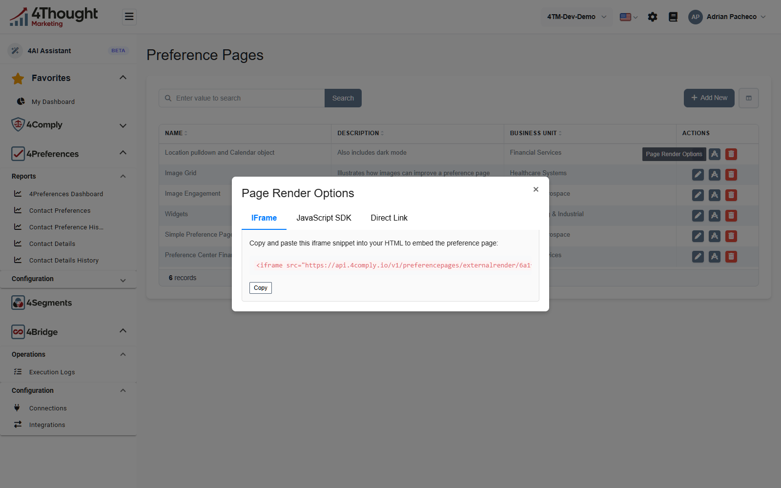 The Page Render Options dialog on the IFrame tab, showing the iframe snippet pointing at api.4comply.io and a Copy button, with JavaScript SDK and Direct Link tabs beside it