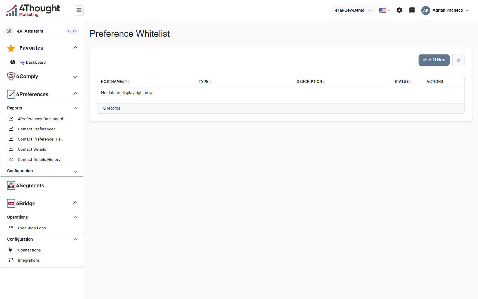 The Preference Whitelist screen with Hostname/IP, Type, Description, Status and Actions columns, reading No data to display right now and 0 records