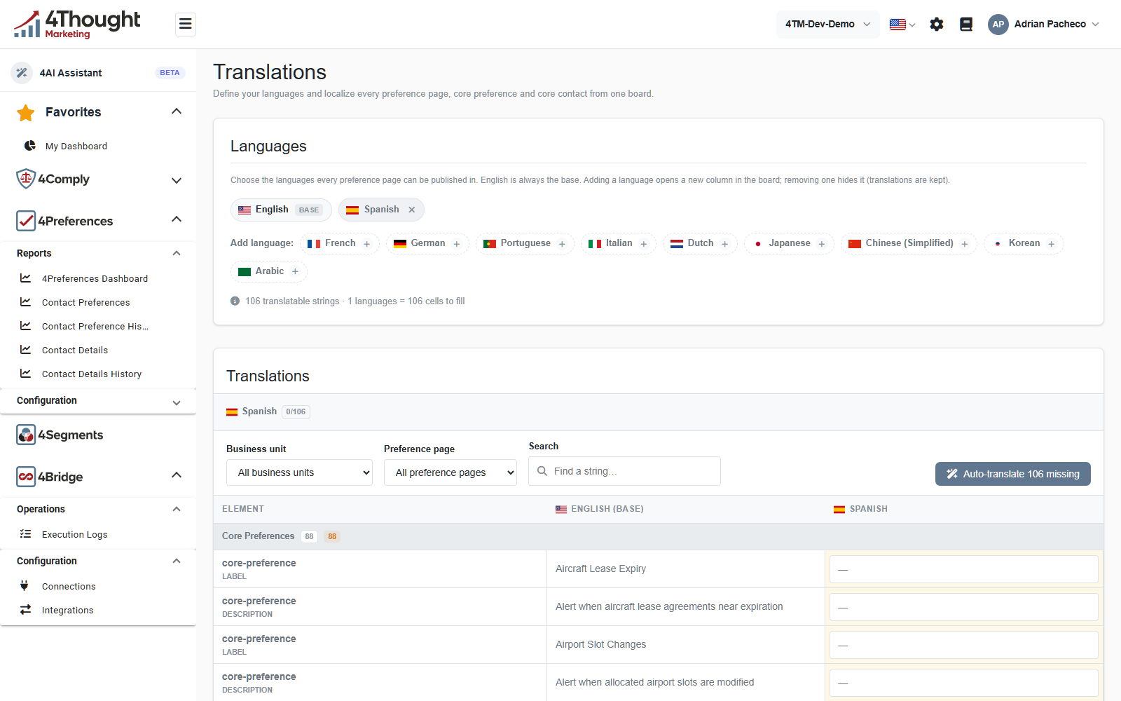 The Translations screen, with the Languages panel showing English as BASE and Spanish added, nine more languages offered, and the Translations board below filtered by business unit and preference page