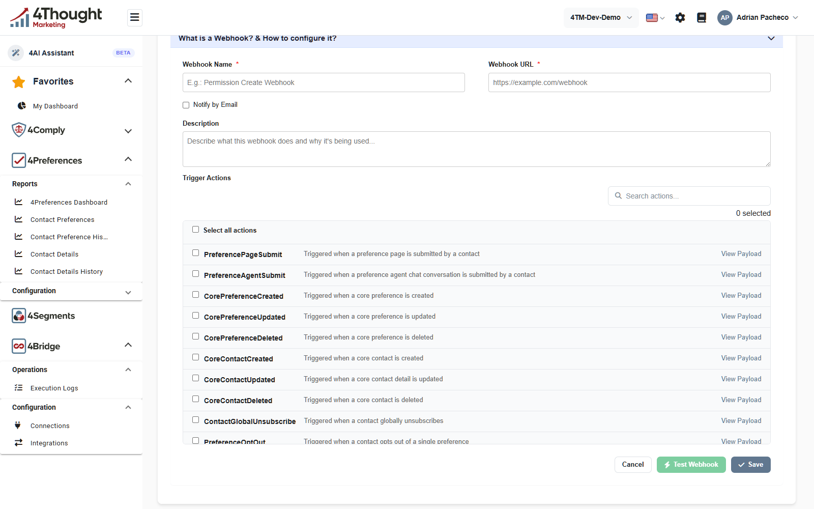 Add New Webhook, showing Webhook Name and Webhook URL, the Notify by Email checkbox, Description, and the Trigger Actions list with a search box, Select all actions, and a View Payload link on each row