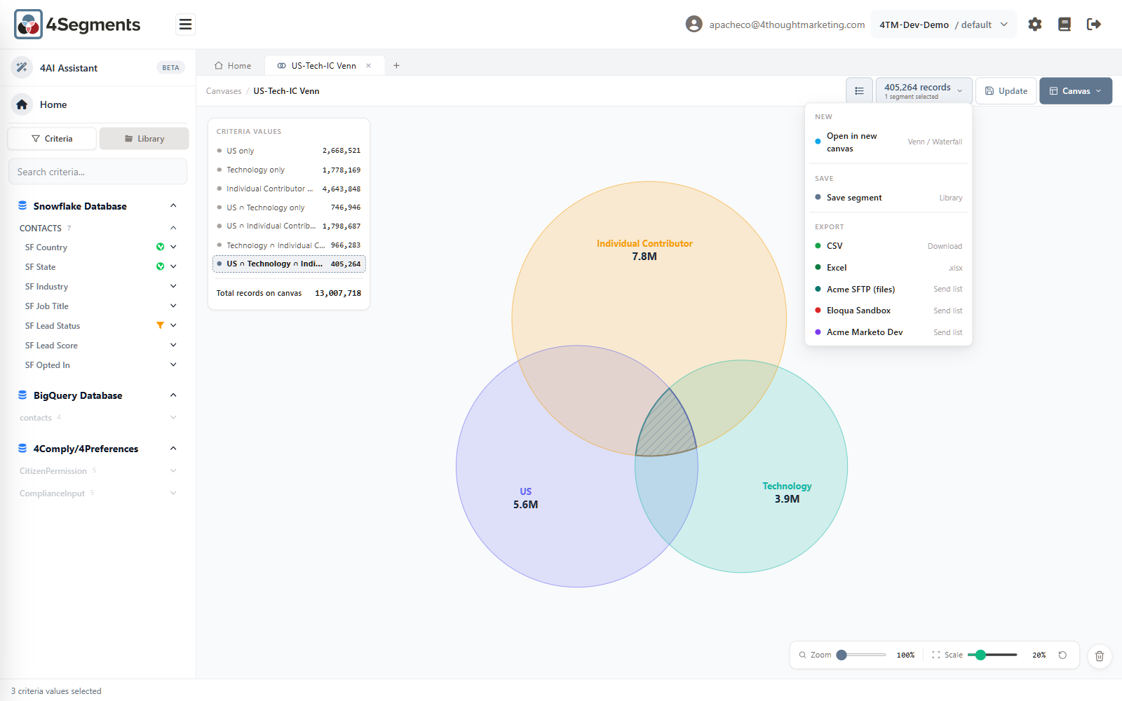 The Segment menu, showing New, Save and Export sections