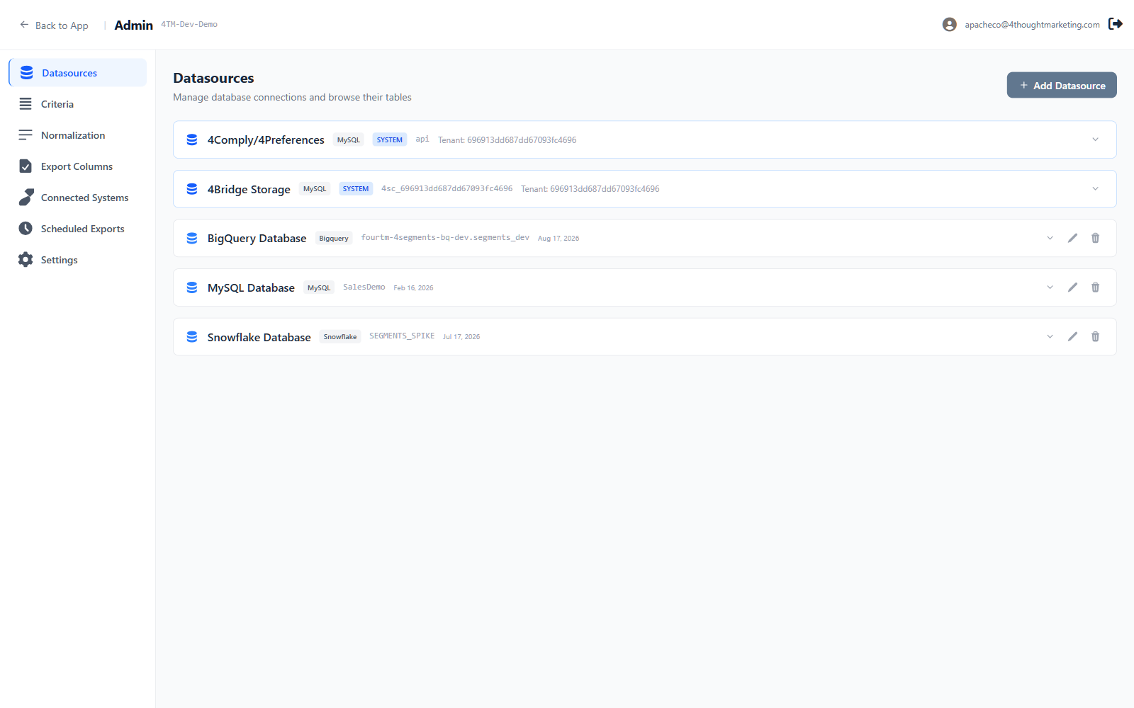 The Datasources list