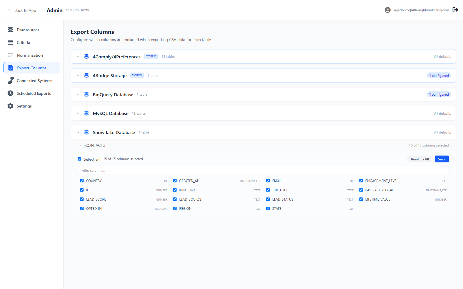 A table's column picker, open