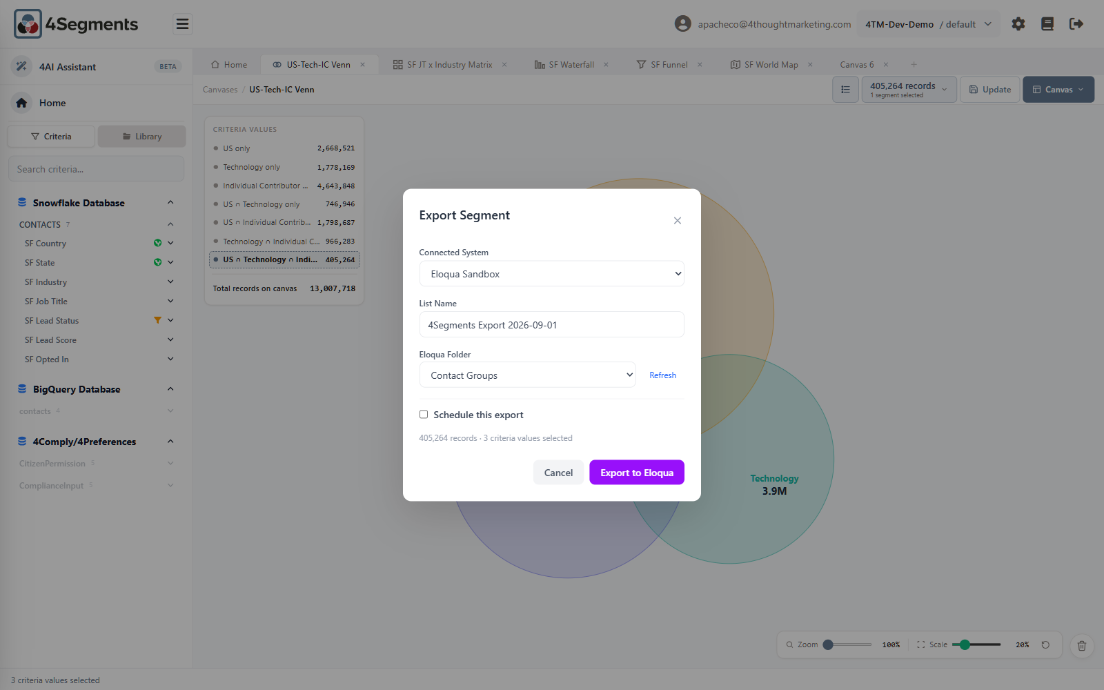 The Export Segment dialog for Eloqua