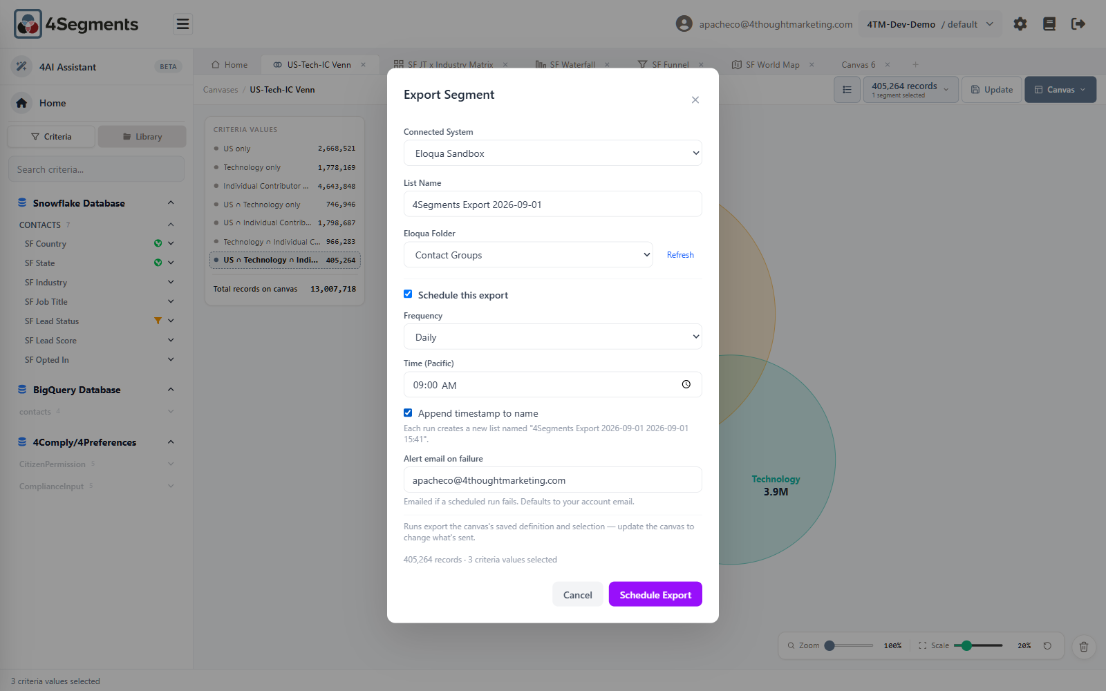 The Export Segment dialog with scheduling enabled