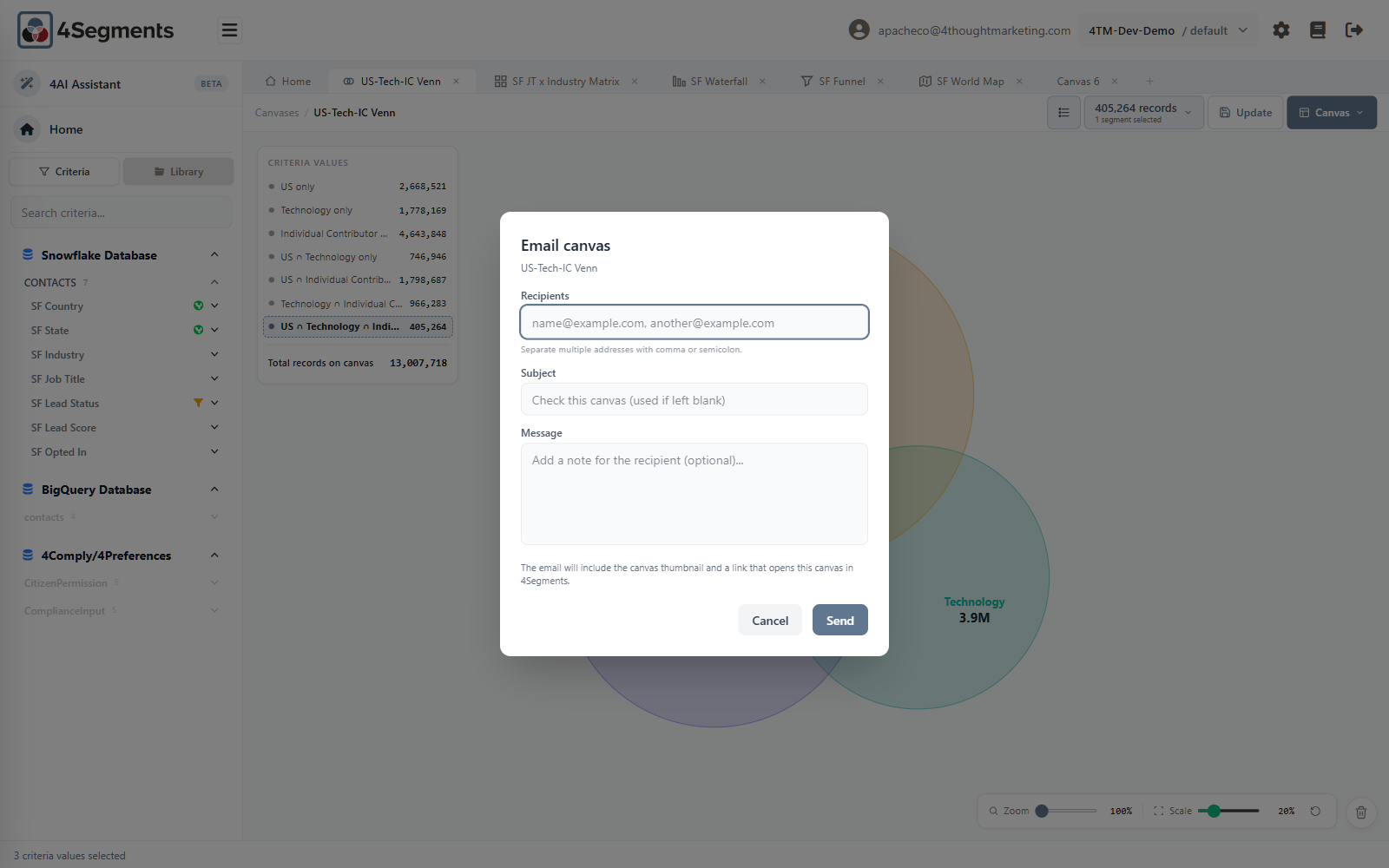 The Email canvas dialog